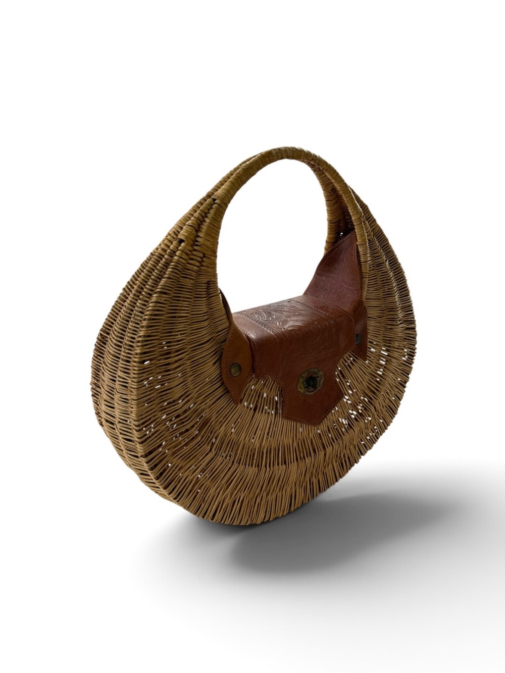Vintage Woven Straw Crescent Tote with Brown Leather Flap